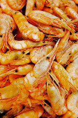 lots of red shrimp. a dish of fresh seafood. a natural source of protein. less meat consumption. selective focus