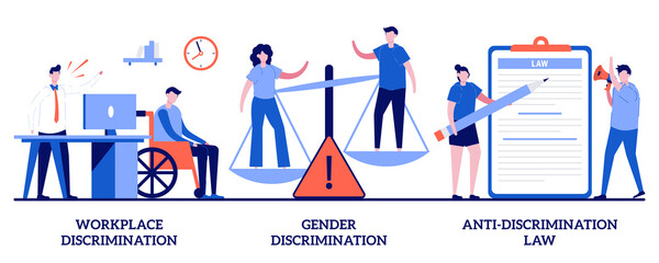Workplace and gender discrimination, anti-discrimination law concept with tiny people. Equal rights abstract vector illustration set. Roles, stereotypes, sexual harassment, social equality metaphor