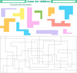  A game for children. Worksheet. Find and paint parts by sample color