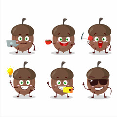 Acorn cartoon character with various types of business emoticons
