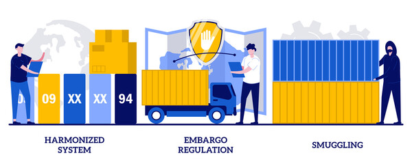 Harmonized system, embargo regulation, smuggling concept with tiny people. Trading goods limitations, customs control, export and import prohibition, contraband abstract vector illustration set - obrazy, fototapety, plakaty