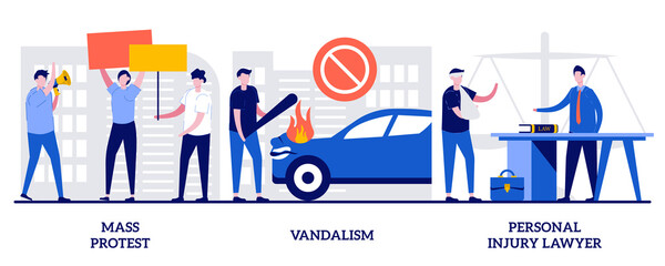 Mass protest, vandalism, personal injury lawyer concept with tiny people. Riots outrage vector illustration set. Demonstration, political rights, racial equity, law enforcement, damage metaphor