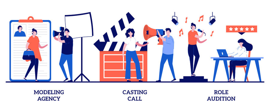 Modeling agency, casting call, role audition concept with tiny people. Fashion and movie industry vector illustration set. Commercial shootings, brand advertising, talent search, interview metaphor