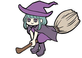 空飛ぶ箒に乗った魔女のかわいいハロウィンイラスト