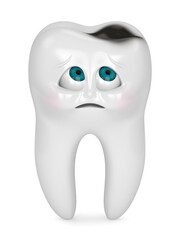 3D render of cartoon Mr Tooth worried about cavity over white background