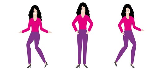 set of happy beautiful girl dancing in different positions isolated on a white background, modern flat design style 