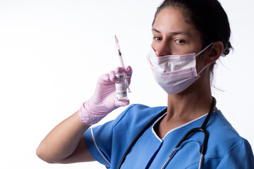 Portrait of female doctor on light background. Medicine. Doctor. Mask face. 
