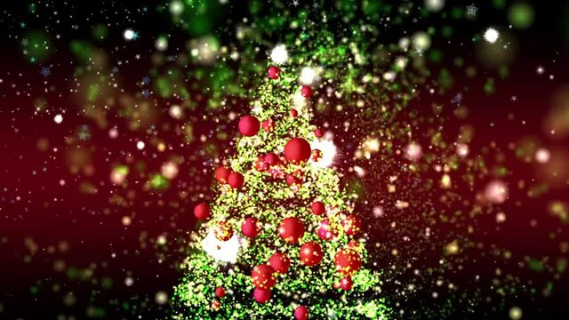 Animation of Christmas tree with snow falling on red background. Christmas celebration festivity concept digitall generated image.Christmas tree fully decorated with light and ball for Christmas night