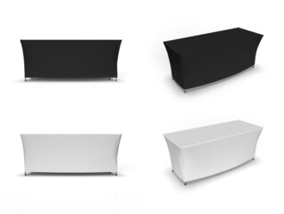 Trade show exhibition table cloth runner adjustable cloth banner or table cloth 3d render illustration of front and perspective view.