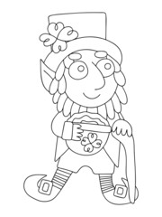 Hand-drawn cartoon leprechaun coloring page vector. Funny leprechaun linear illustration for traditional Irish festival Patrick day. Happy leprechaun with top hat. pot of gold and shillelagh