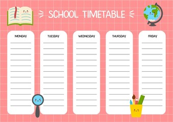 Cartoon timetable template for kids with cute school supplies.