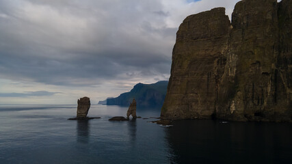 Beautiful aerial view of Risin and Kellingin, the giant and the witch view from Tjornuvik in the Faroe Island
