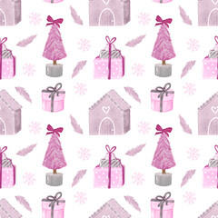 Seamless pattern on white background with pink illustrations for Christmas. 