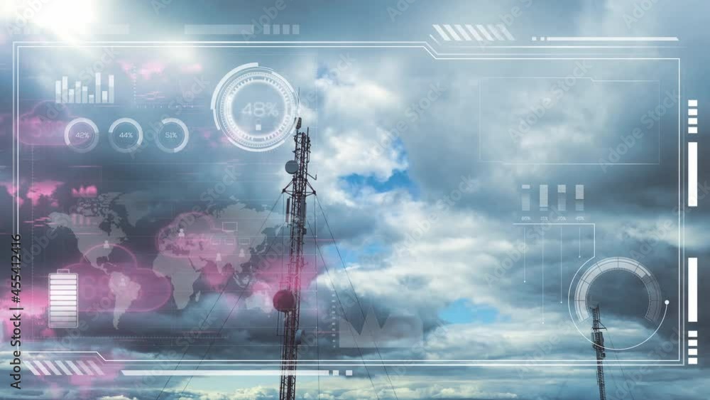 Poster global telecommunication towers connecting with cloud network - 3d hud animation