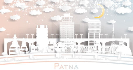 Patna India City Skyline in Paper Cut Style with White Buildings, Moon and Neon Garland.