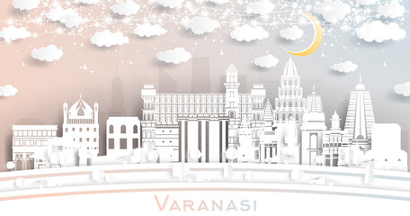 Varanasi India City Skyline in Paper Cut Style with White Buildings, Moon and Neon Garland.