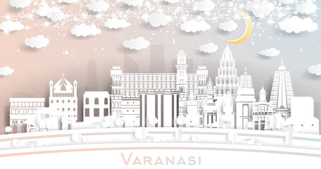 Obraz premium Varanasi India City Skyline in Paper Cut Style with White Buildings, Moon and Neon Garland.