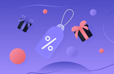 3d discount coupon or voucher. Loyalty program, sale with a low price tag and gifts. Purchase concept with promotional advertising offer and bonus. Favorable discount with cashback.Vector illustration