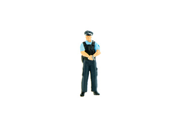 Miniature people office, worker, police and thief concept in variety action on white background with space for text