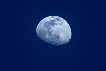 月、上弦の月、居待月、夕暮れ、深い青い空、クレーター、惑星、