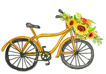 Fototapeta na wymiar Watercolor autumn composition of pumpkin and sunflower in transport. Suitable for the design of a postcard logo, banner, paper, a postcard as a gift.Indian motifs.