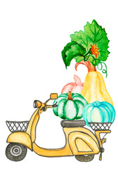 Watercolor autumn composition of pumpkin and sunflower in transport. Suitable for the design of a postcard logo, banner, paper, a postcard as a gift.Indian motifs.