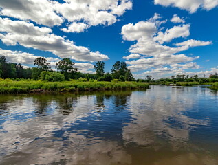 Obraz na płótnie Canvas River banks against blue sky with white clouds in summer
