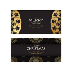 Greeting card Happy New Year and Merry Christmas in black color with gold pattern.