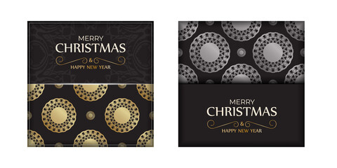 Fototapeta na wymiar Greeting Card Happy New Year and Merry Christmas in black color with gold pattern.