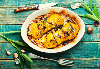 Baked pumpkin with spice herbs,flat lay