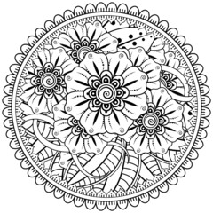 mehndi flower decorative ornament in ethnic oriental style, doodle ornament, outline hand draw.