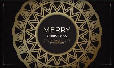 Merry Christmas and Happy New Year poster in black color with gold pattern.