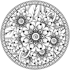 mehndi flower decorative ornament in ethnic oriental style, doodle ornament, outline hand draw.