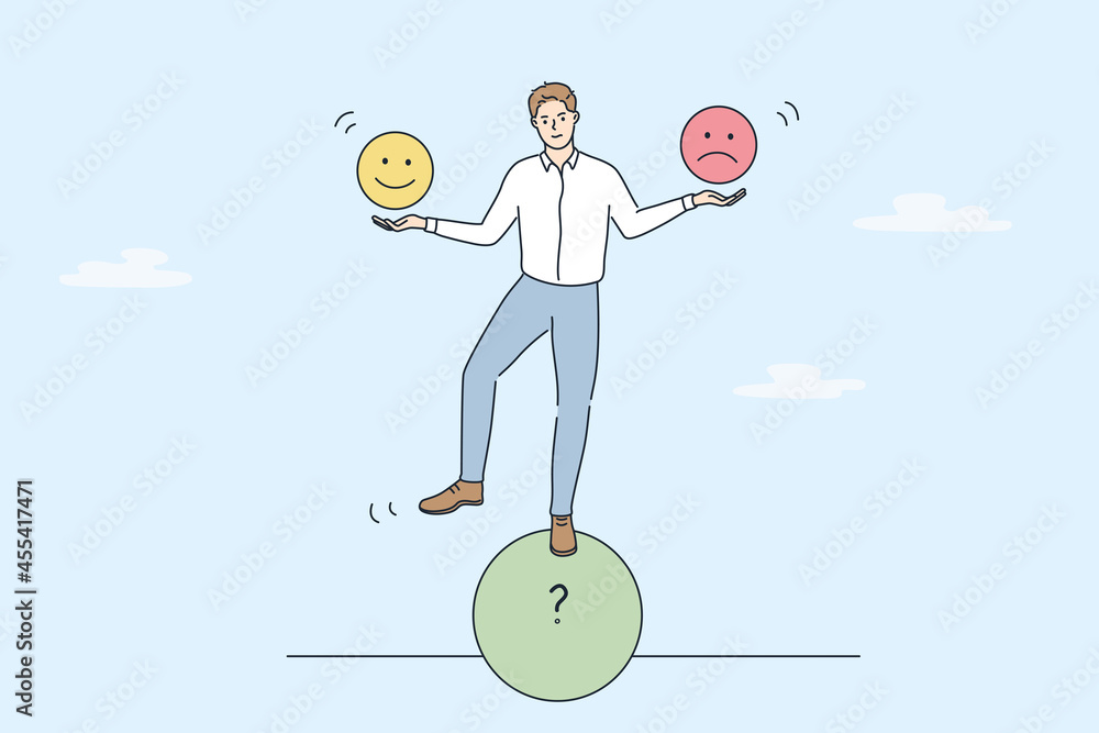 Poster multitasking and cheering business concept. young smiling businessman standing on roll circle shape 