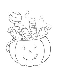 halloween coloring page for kids, pumpkin basket full of candies and sweets, black and white outline illustration. you can print it on 8.5x11 inch paper