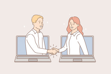 Fototapeta na wymiar Online meeting and videoconference concept. Young smiling business people shaking hands from laptops screens after online meeting vector illustration 