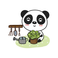 Little panda planting garden.Cute cartoon character.