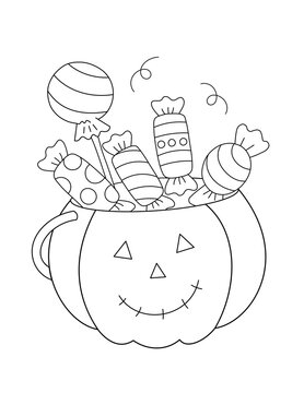 halloween coloring page for kids, pumpkin basket full of candies and sweets, black and white outline illustration. you can print it on 8.5x11 inch paper