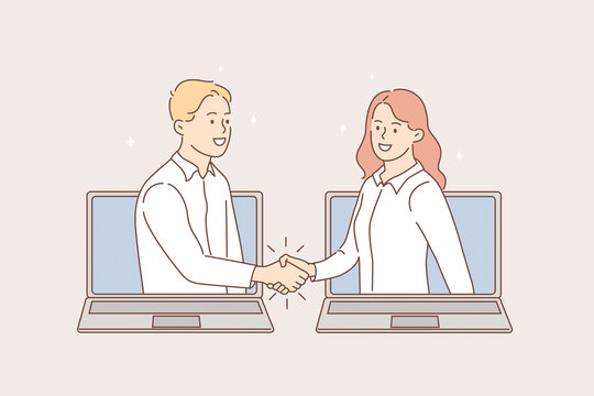 Online meeting and videoconference concept. Young smiling business people shaking hands from laptops screens after online meeting vector illustration 