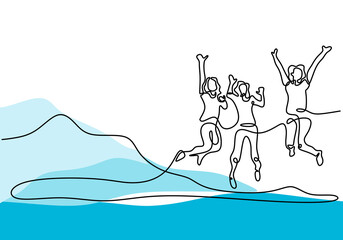Continuous line drawing people jump.