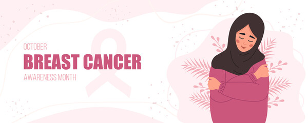 Breast cancer awareness month banner. Happy arab woman in hilab hugging herself. Annual international health campaign. Vector illustration in flat cartoon style.