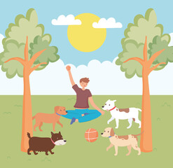 boy playing with pets