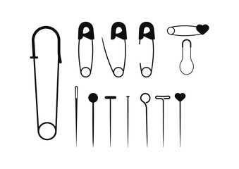 Safety fixing pin and needle black color set isolated on white background. Sewing safety pin haber collection. Flat design cartoon style vector illustration. - obrazy, fototapety, plakaty