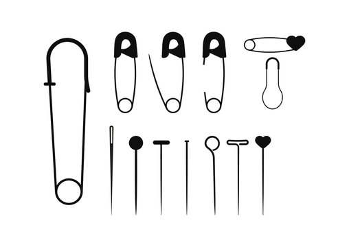 Safety fixing pin and needle black color set isolated on white background. Sewing safety pin haber collection. Flat design cartoon style vector illustration.