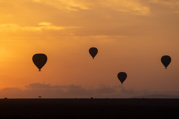 Bei Sonnenaufgang steigen in der Masai Mara die Fesselballons auf