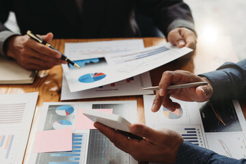 business people partners group negotiating at boardroom meeting.Multiethnic executive team discussing financial partnership agreement project strategy brainstorming sitting at table in office.