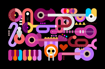 Illustration vectorielle de style géométrique de différents instruments de musique isolés sur fond noir. Conception graphique avec guitares, trompettes, saxophone, piano et batterie.
