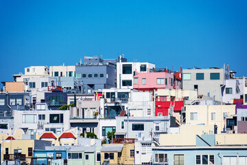Scenic view of a urban residential neighborhood on slopes of Telegraph Hill in San Francisco, California