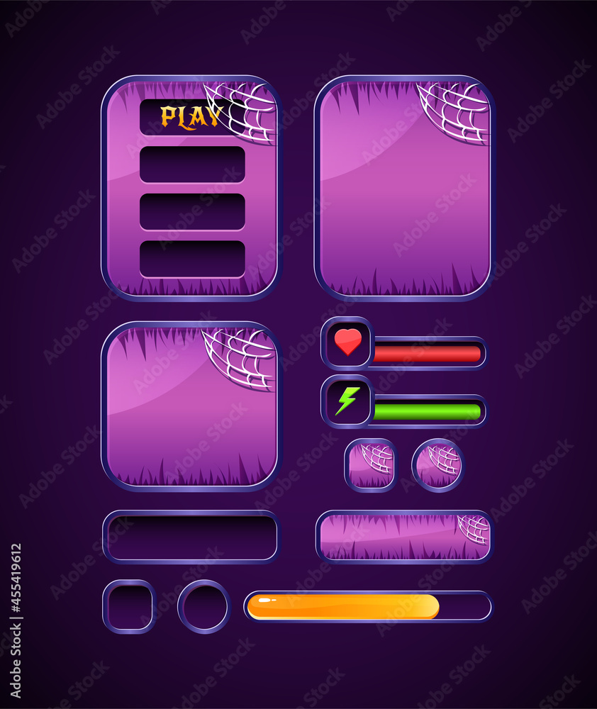 Poster dark violet game ui halloween kit set template with bar, button, and board pop up interface
