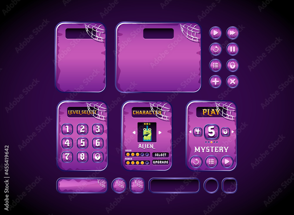 Fototapete rounded scary halloween game ui board pop up interface with button and icons